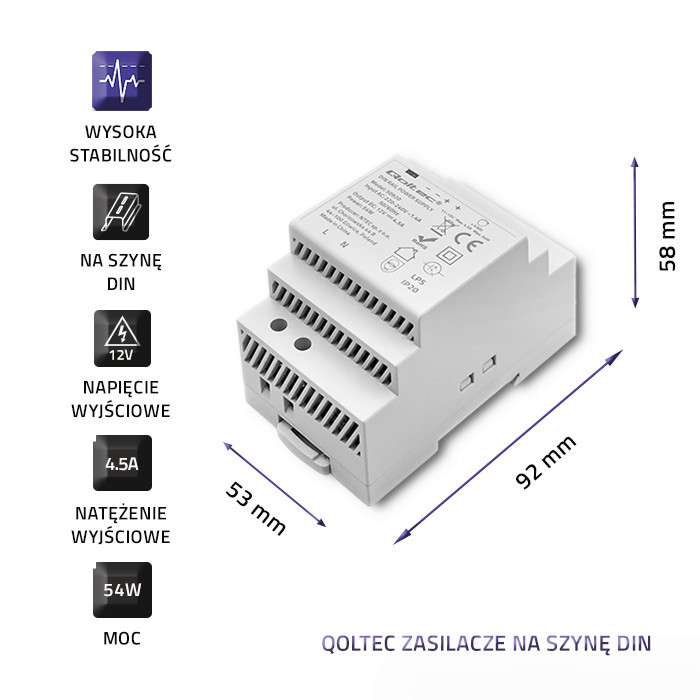 Qoltec DIN-Schienen-Netzteil 50920 | 54W | 12V | 4.5A | Grau