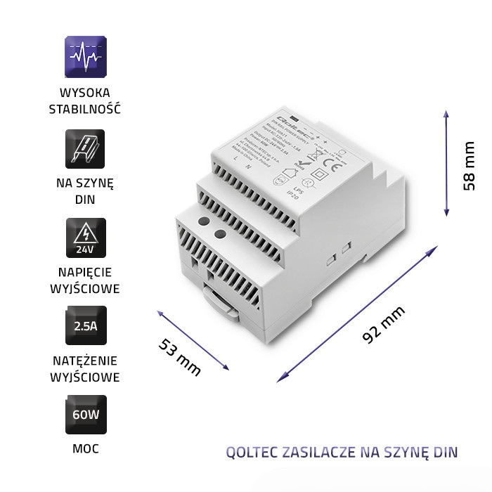 Qoltec DIN-Schienen-Netzteil 50921 | 60W | 24V | 2.5A | Grau