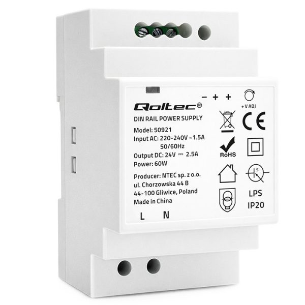 Qoltec DIN-Schienen-Netzteil 50921 | 60W | 24V | 2.5A | Grau