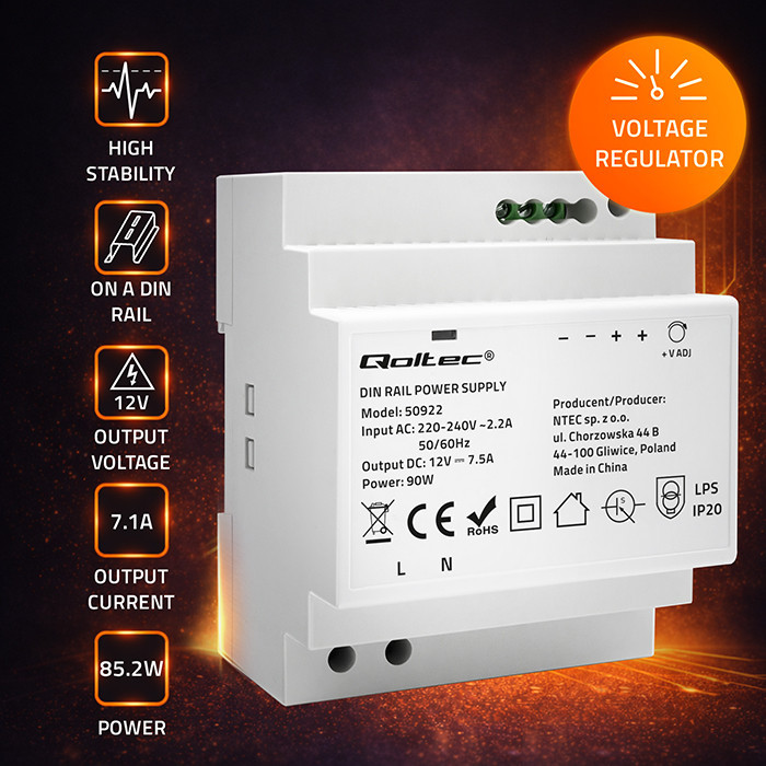 Qoltec DIN-Schienen-Netzteil 50922 | 85.2W | 12V | 7.1A | Grau