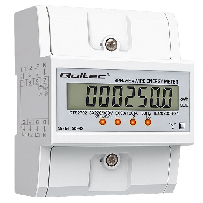 Qoltec Three-phase electronic meter | DIN rail energy consumption meter | 400V | 100A | LCD | 4P