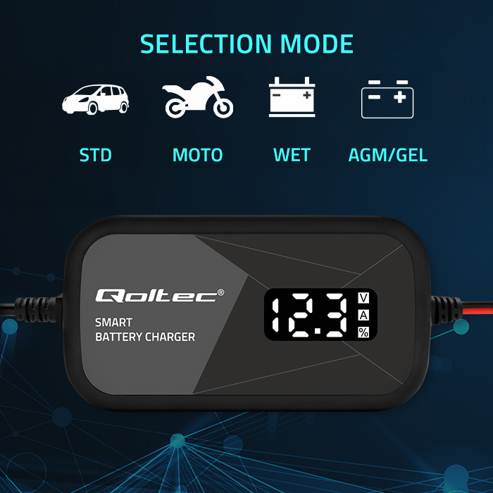 Qoltec Batterieladegerät mit Reparaturfunktion 52492 | 12V | 2A | LCD