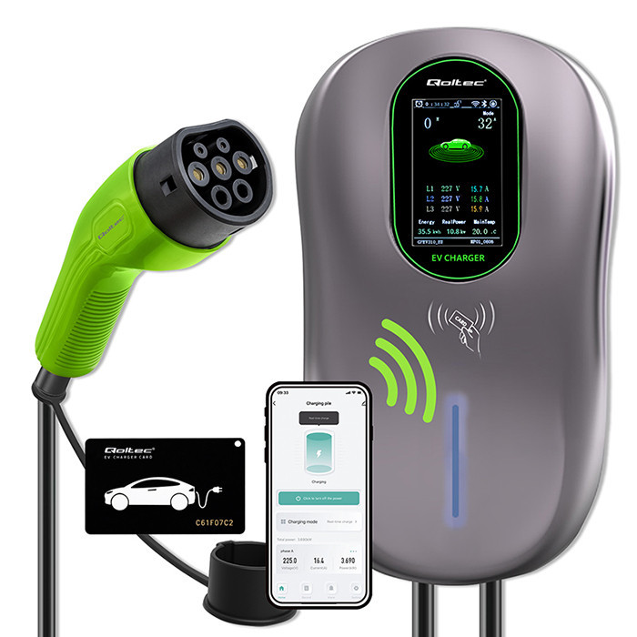Qoltec EV Charging Station Type2 | 22kW | Wi-fi| LCD | RFID | 3 phases | Wallbox | 5m