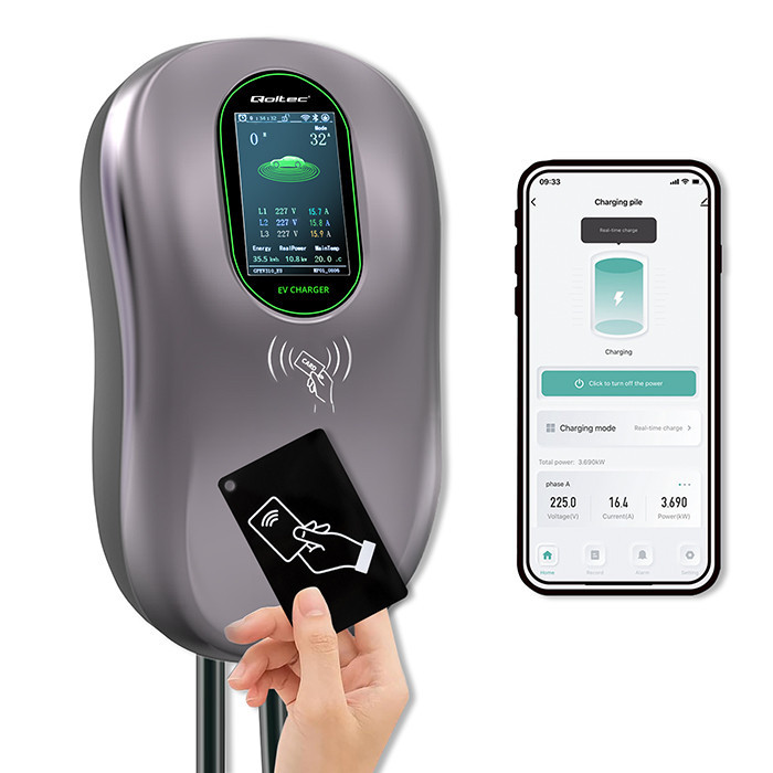 Qoltec EV Charging Station Type2 | 22kW | Wi-fi| LCD | RFID | 3 phases | Wallbox | 5m