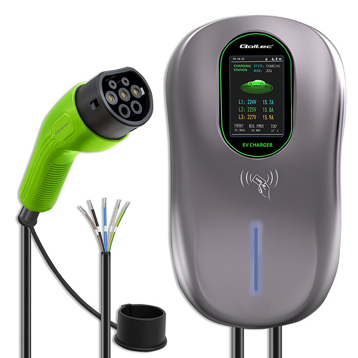 Qoltec EV Charging Station Type2 | 22kW | Wi-fi| LCD | RFID | 3 phases | Wallbox | 5m