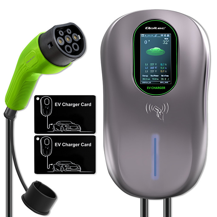 Qoltec EV Charging Station Type2 | 22kW | LCD | 2 EV cards | 3 phases | Wallbox | 5m