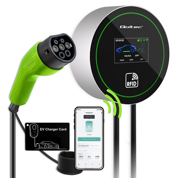 Qoltec EV Charging Station Type2 | 22kW | Wi-fi| LCD | RFID | 3 phases | Wallbox | 5m