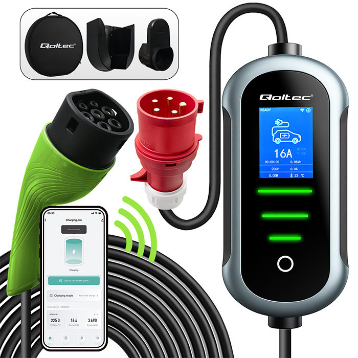 Qoltec Mobile EV Electric Car Charger with 2in1 Type 2 Adjustment | 11kW | 400V | CEE 32A | Wifi | TUYA | SMART LIFE | LCD | Portable | 5m