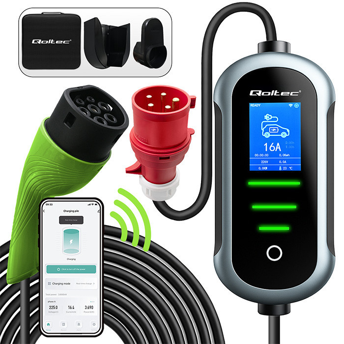 Qoltec Mobile EV Electric Car Charger with 2in1 Type 2 Adjustment | 22kW | 400V | CEE 32A | Wi-fi | TUYA | SMART LIFE | LCD | Portable | 7m