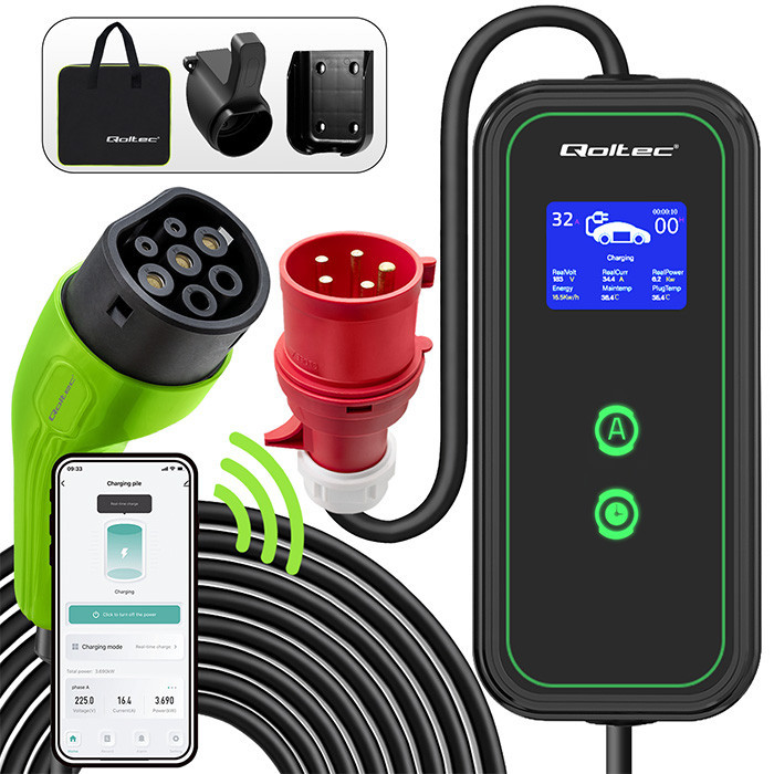 Qoltec Mobile EV charger with adjustable 2in1 Type2 | 7kW | 230V | CEE 32A | Wi-fi | LCD | Portable | Wallbox | 5m