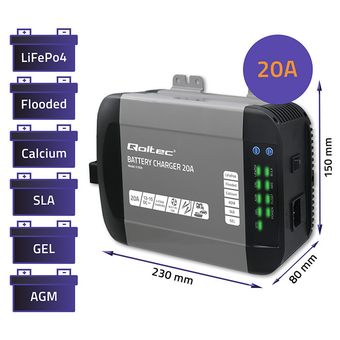 Qoltec Smart Monolith charger for LiFePO4 AGM GEL SLA batteries | 20A | 12V