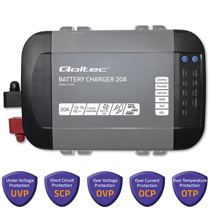 Qoltec Smart Monolith charger for LiFePO4 AGM GEL SLA batteries | 20A | 12V