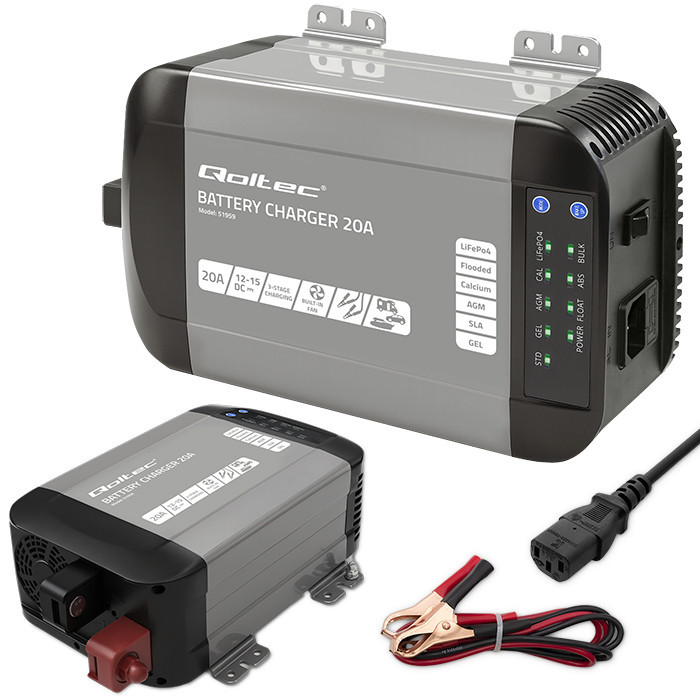 Qoltec Smart Monolith charger for LiFePO4 AGM GEL SLA batteries | 20A | 12V