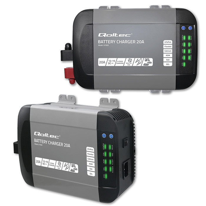 Qoltec Smart Monolith charger for LiFePO4 AGM GEL SLA batteries | 20A | 12V