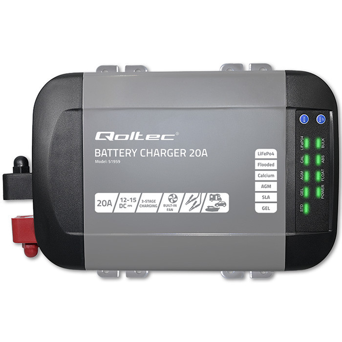 Qoltec Smart Monolith charger for LiFePO4 AGM GEL SLA batteries | 20A | 12V