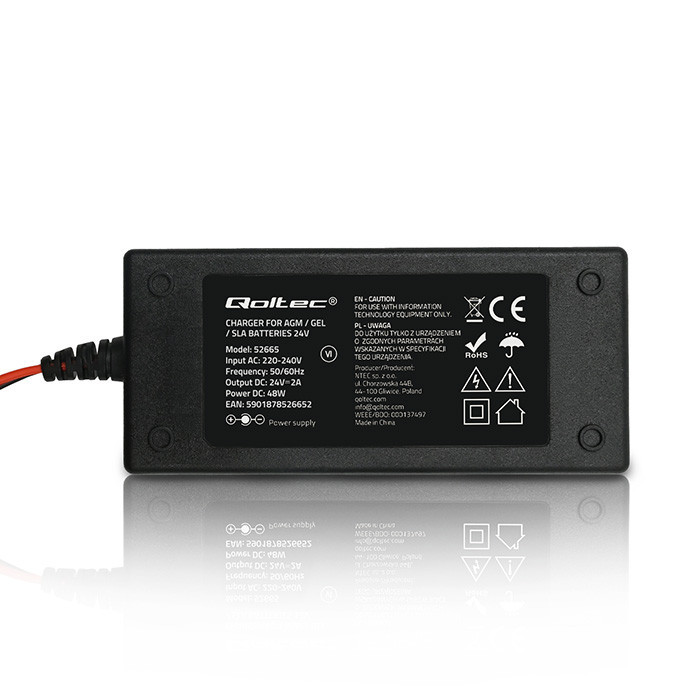 Qoltec Automatic charger for AGM GEL STD batteries | 24V charger | 2A | 48W | LED | 1.8m cable