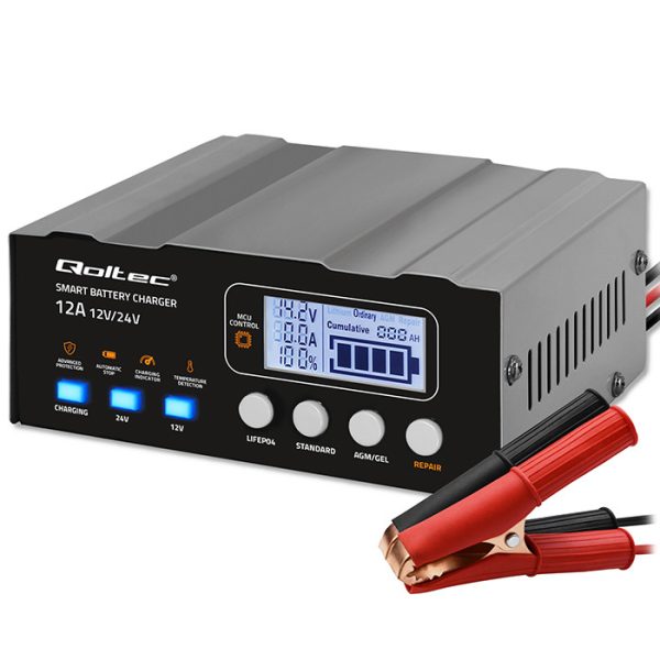 Qoltec Batterieladegerät mit Reparaturfunktion 52491 | 12V | 12.6V | 24V | LCD