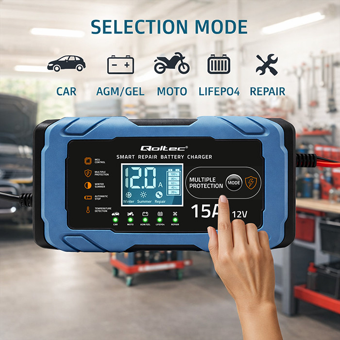Qoltec Intelligent microprocessor charger 12V 15A | Rectifier with repair function | AGM GEL LiFePO4 | 9-stage charging