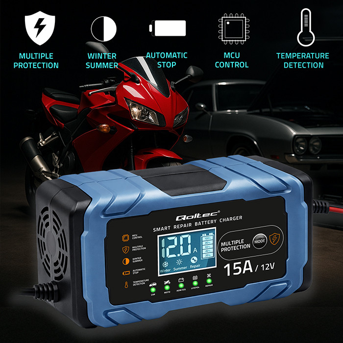 Qoltec Intelligent microprocessor charger 12V 15A | Rectifier with repair function | AGM GEL LiFePO4 | 9-stage charging