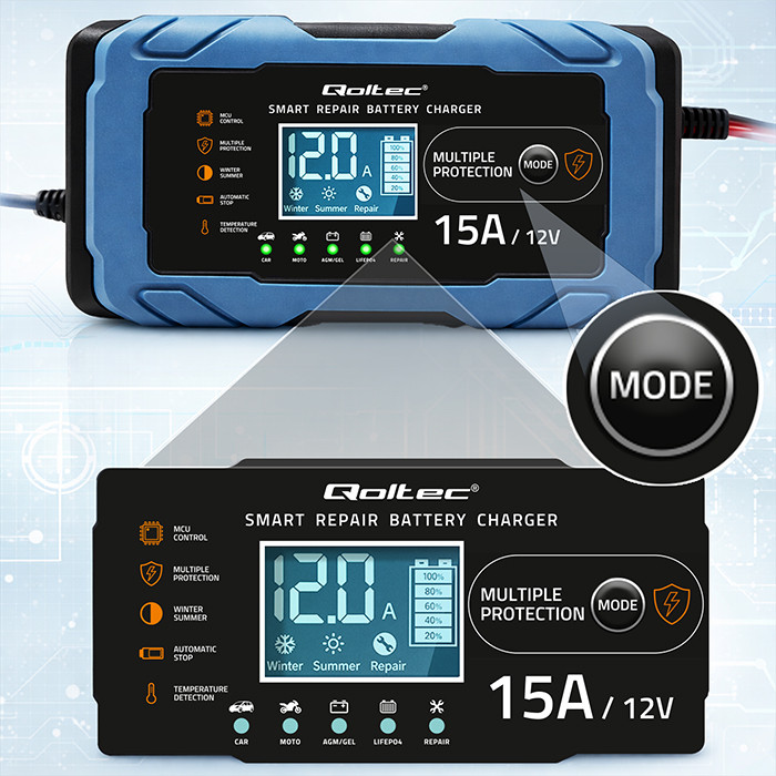 Qoltec Intelligent microprocessor charger 12V 15A | Rectifier with repair function | AGM GEL LiFePO4 | 9-stage charging