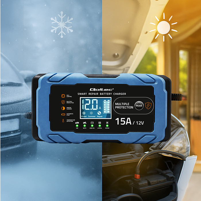 Qoltec Intelligent microprocessor charger 12V 15A | Rectifier with repair function | AGM GEL LiFePO4 | 9-stage charging