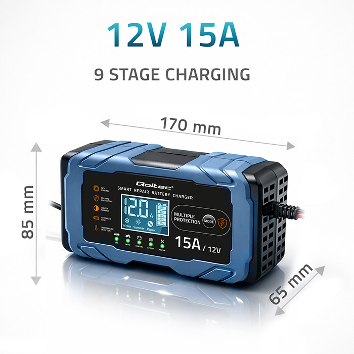 Qoltec Intelligent microprocessor charger 12V 15A | Rectifier with repair function | AGM GEL LiFePO4 | 9-stage charging
