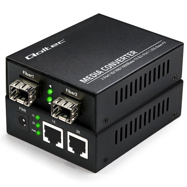 Qoltec Bidirektionaler Ethernet SWITCH Medienkonverter 2x RJ45 2x SFP| 1000Mb/s | 5V