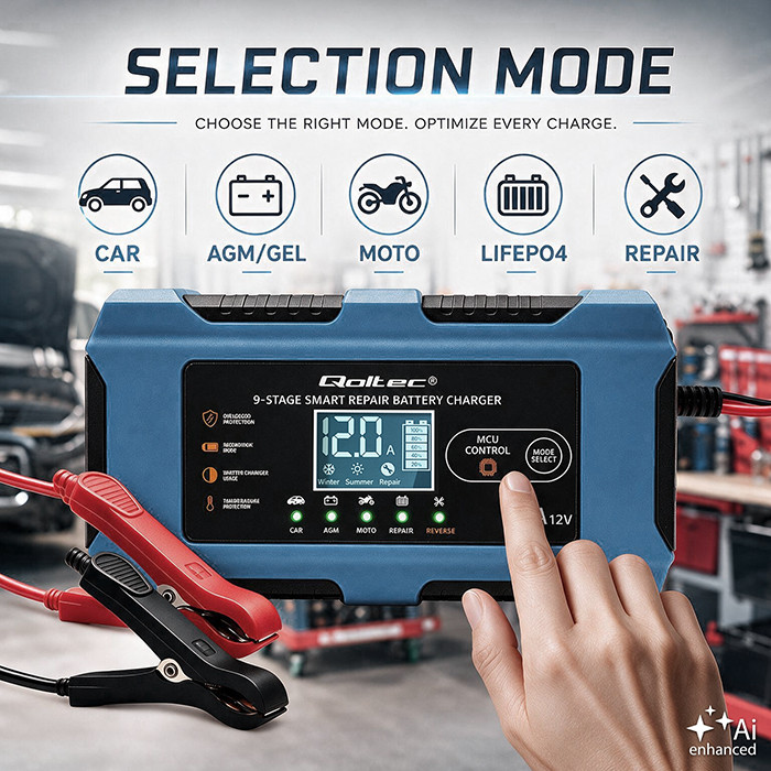 Qoltec Smart Battery Charger 12V 10A | Rectifier with repair function | MCU | Auto OFF | 9-stage charging | AGM, GEL, LiFePO4