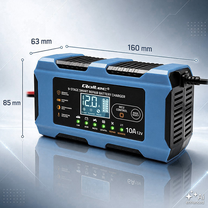 Qoltec Smart Battery Charger 12V 10A | Rectifier with repair function | MCU | Auto OFF | 9-stage charging | AGM, GEL, LiFePO4