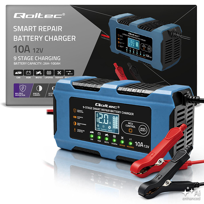 Qoltec Smart Battery Charger 12V 10A | Rectifier with repair function | MCU | Auto OFF | 9-stage charging | AGM, GEL, LiFePO4