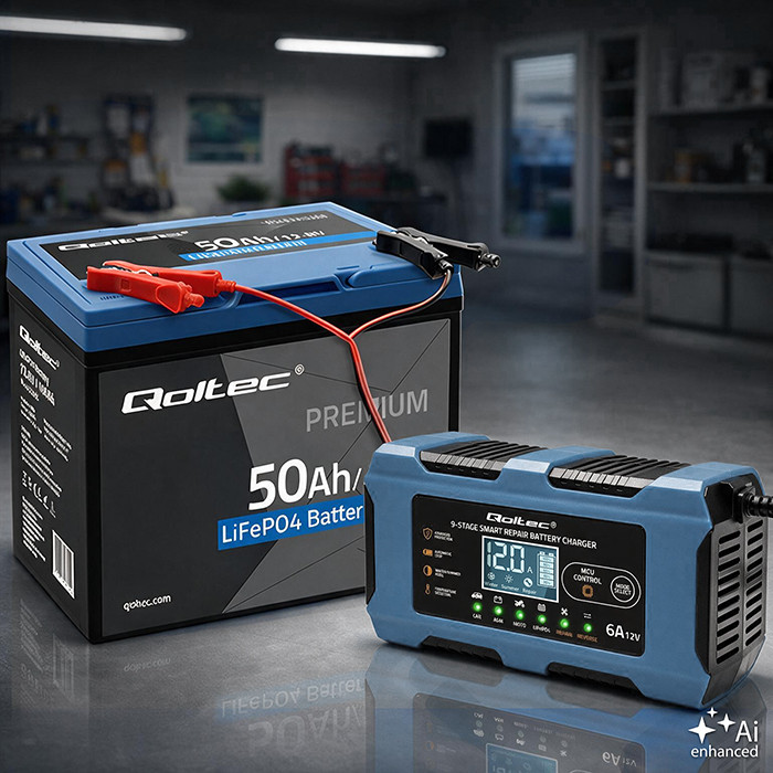 Qoltec Smart Battery Charger 12V 6A | Rectifier with repair function | MCU | Auto OFF | 9-stage charging | AGM, GEL, LiFePO4