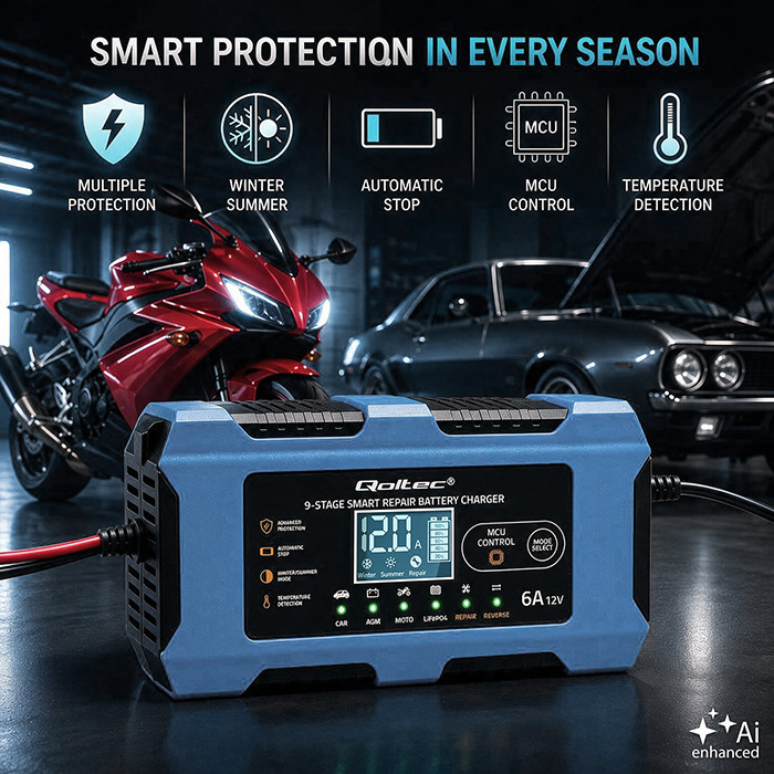 Qoltec Smart Battery Charger 12V 6A | Rectifier with repair function | MCU | Auto OFF | 9-stage charging | AGM, GEL, LiFePO4