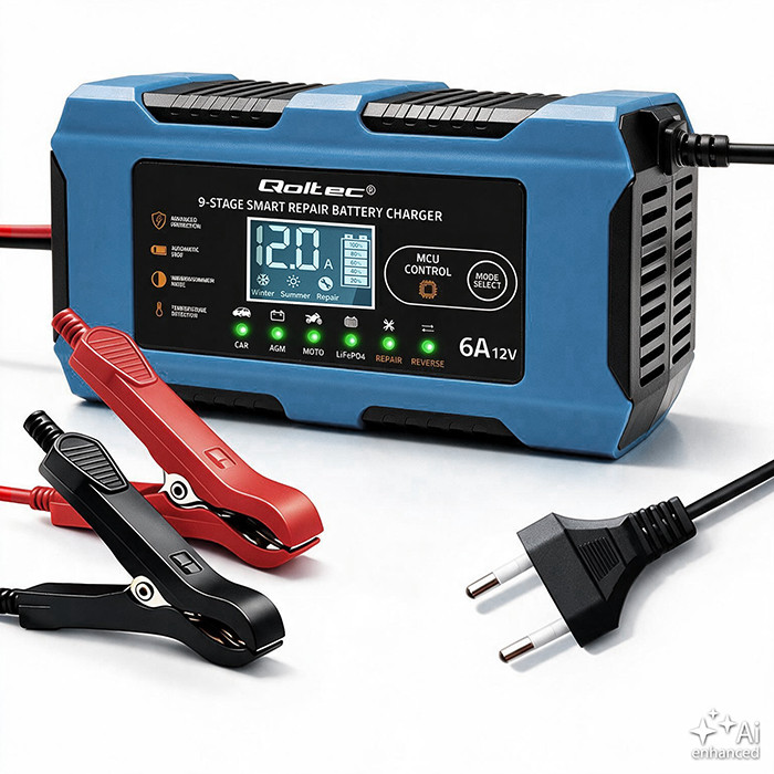Qoltec Smart Battery Charger 12V 6A | Rectifier with repair function | MCU | Auto OFF | 9-stage charging | AGM, GEL, LiFePO4