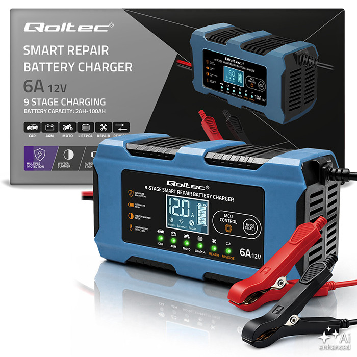 Qoltec Smart Battery Charger 12V 6A | Rectifier with repair function | MCU | Auto OFF | 9-stage charging | AGM, GEL, LiFePO4