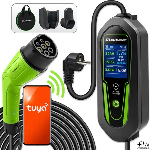 Qoltec Typ-2-EV-Ladegerät 53180 | 3.5kW | 230V | 16A | 5m | SCHUKO 16A | LCD