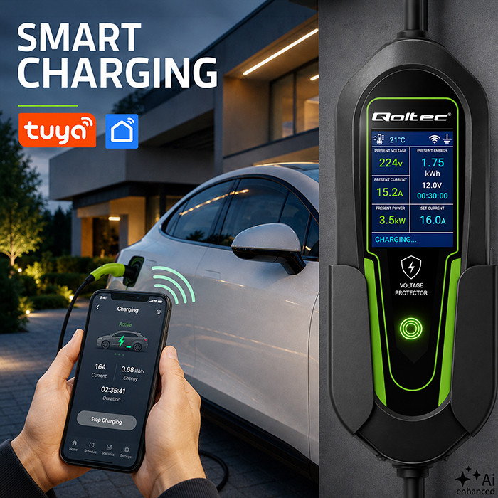 Qoltec Typ-2-EV-Ladegerät 53180 | 3.5kW | 230V | 16A | 5m | SCHUKO 16A | LCD