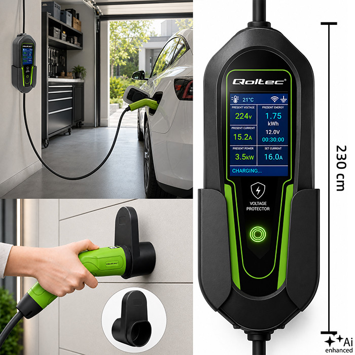 Qoltec Typ-2-EV-Ladegerät 53180 | 3.5kW | 230V | 16A | 5m | SCHUKO 16A | LCD