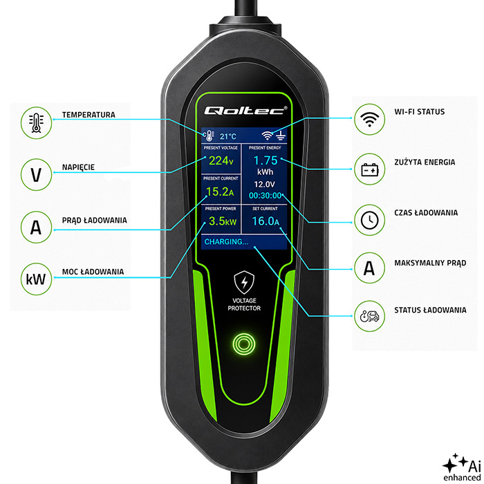 Qoltec Typ-2-EV-Ladegerät 53180 | 3.5kW | 230V | 16A | 5m | SCHUKO 16A | LCD
