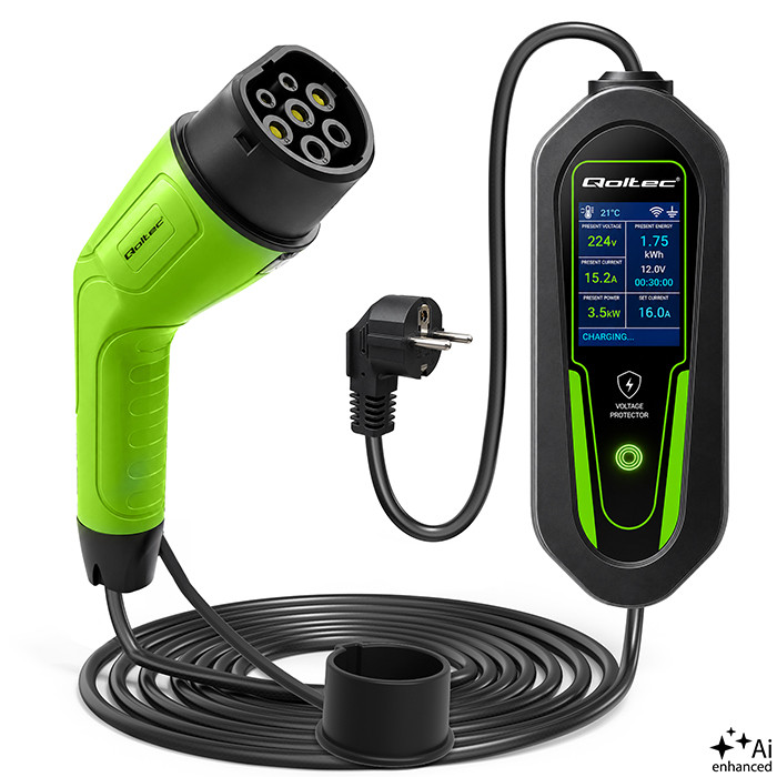 Qoltec Typ-2-EV-Ladegerät 53180 | 3.5kW | 230V | 16A | 5m | SCHUKO 16A | LCD