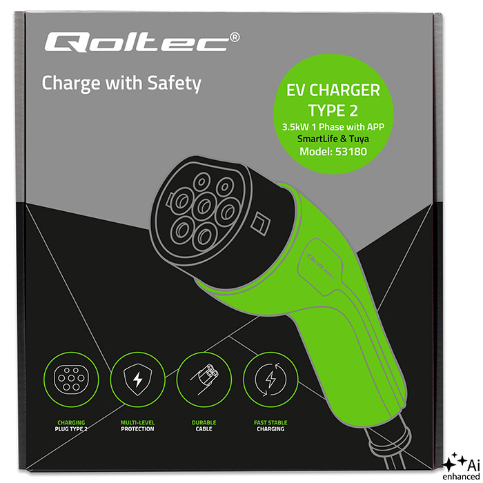Qoltec Typ-2-EV-Ladegerät 53180 | 3.5kW | 230V | 16A | 5m | SCHUKO 16A | LCD