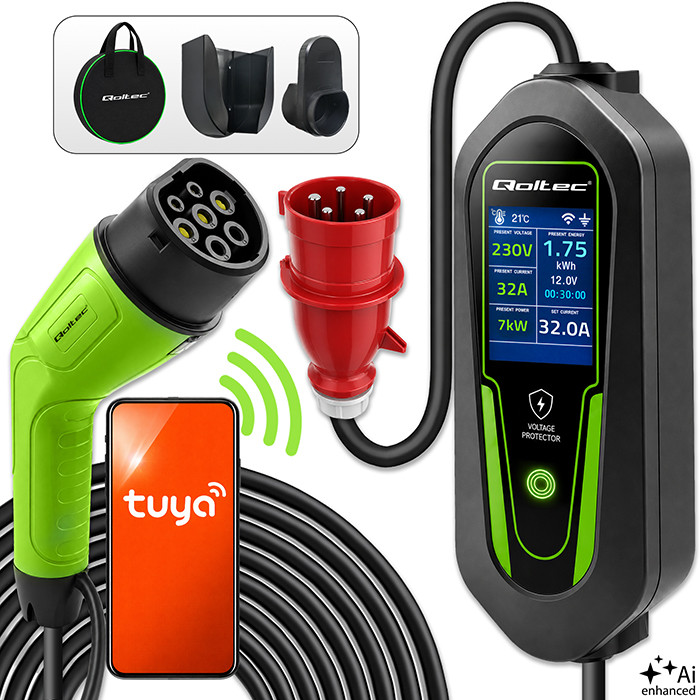 Qoltec Typ-2-EV-Ladegerät 53181 | 7kW | 230V | 32A | 5m | LCD
