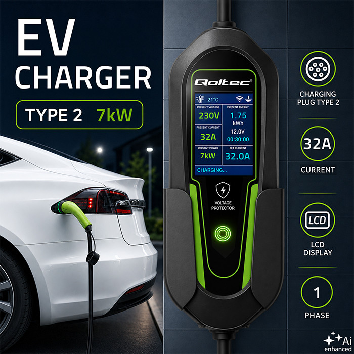 Qoltec Typ-2-EV-Ladegerät 53181 | 7kW | 230V | 32A | 5m | LCD