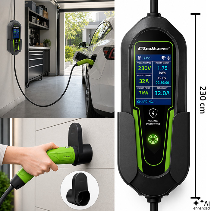 Qoltec Typ-2-EV-Ladegerät 53181 | 7kW | 230V | 32A | 5m | LCD