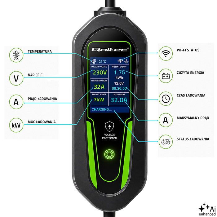 Qoltec Typ-2-EV-Ladegerät 53181 | 7kW | 230V | 32A | 5m | LCD