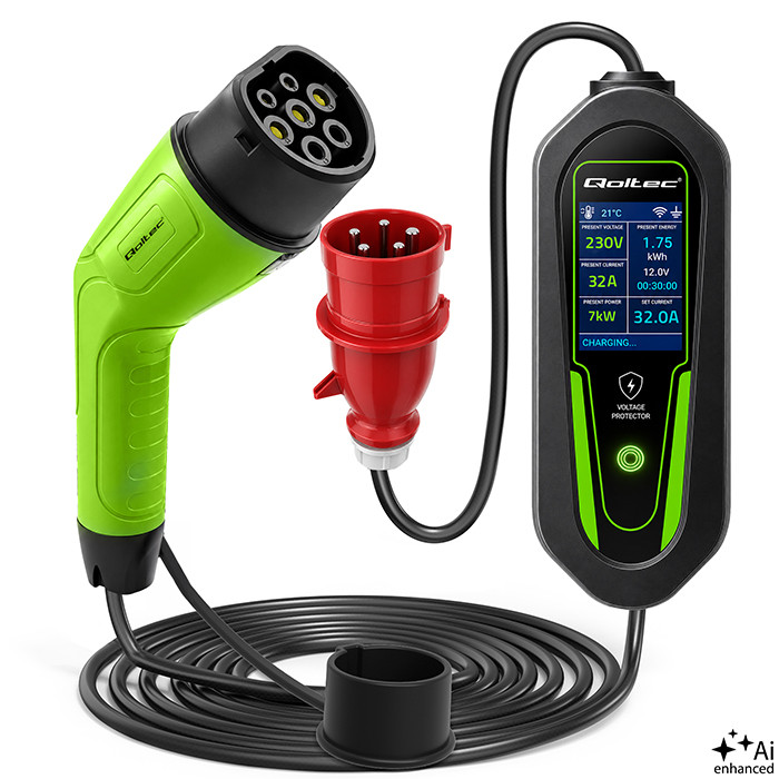 Qoltec Typ-2-EV-Ladegerät 53181 | 7kW | 230V | 32A | 5m | LCD