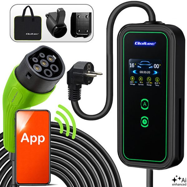 Qoltec Typ-2-EV-Ladegerät 52476 | 3.5kW | 230V | 16A | 5m | SCHUKO 16A | LCD