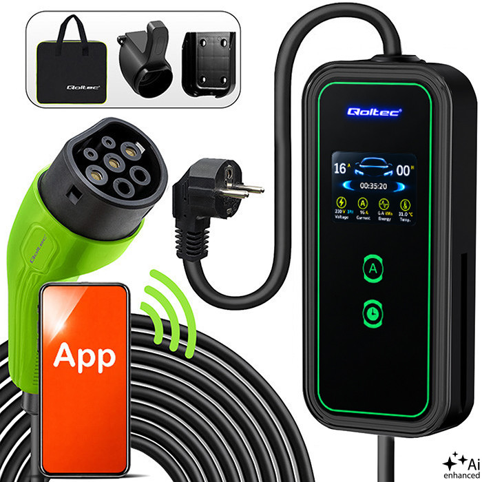 Qoltec Typ-2-EV-Ladegerät 52476 | 3.5kW | 230V | 16A | 5m | SCHUKO 16A | LCD