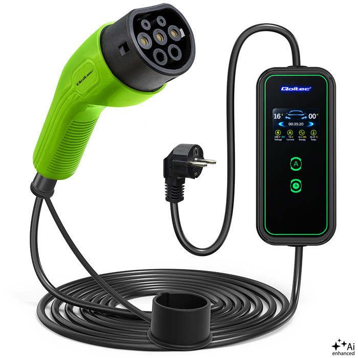 Qoltec Typ-2-EV-Ladegerät 52476 | 3.5kW | 230V | 16A | 5m | SCHUKO 16A | LCD