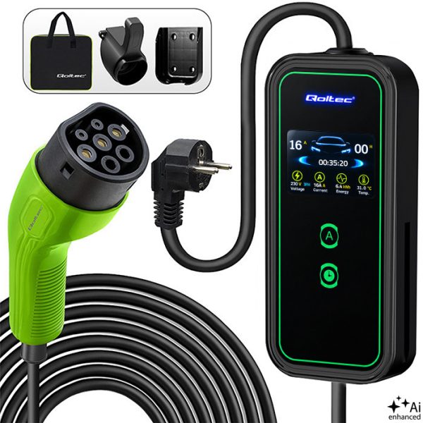 Qoltec Typ-2-EV-Ladegerät 52470 | 3.5kW | 230V | 16A | 5m | SCHUKO 16A | LCD