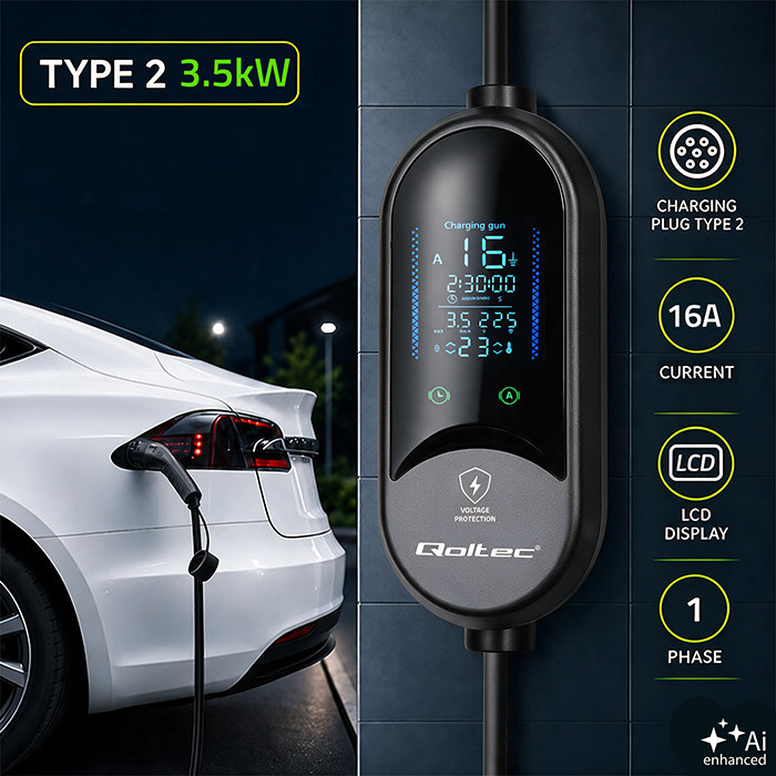 Qoltec Typ-2-EV-Ladegerät 53182 | 3.5kW | 230V | 16A | 5m | SCHUKO 16A